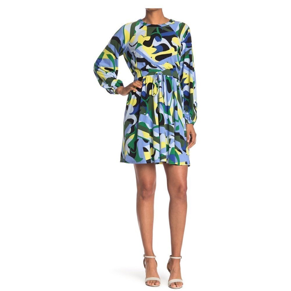 Donna Morgan Womens Blue Geo Print Raglan Long Sleeve Fit Flare Dress Sz 4 New